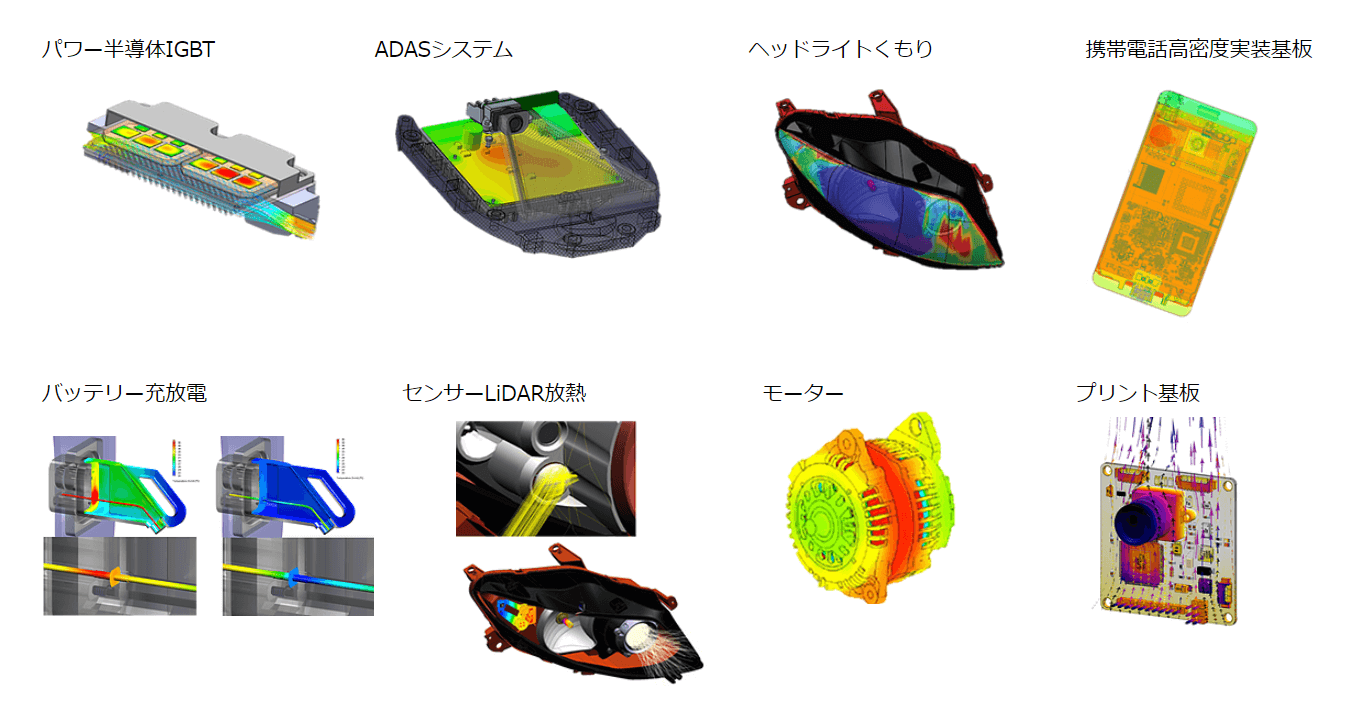 電子機器分野における適用例　パワー半導体IGBT
ADASシステム
ヘッドライトくもり
携帯電話高密度実装基板
バッテリー充放電
センサーLiDAR放熱
モーター
プリント基板
