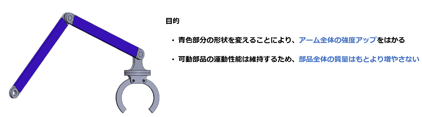 トポロジー最適化と形状最適化を駆使したロボットアームの強度アップ　目的